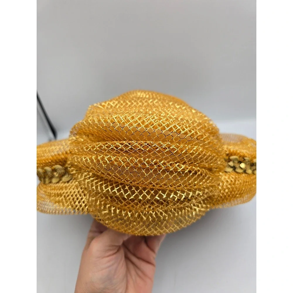 Vintage‎ Pillbox Hat Women OS Mustard Yellow Excellent Gold Mesh Sequin ,Wool